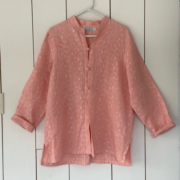 SOLD Willow Linen Lightweight Jacket Powder Pink Sz L Floral Embroidered Kimono - Picture 1 of 10